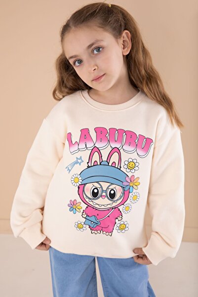 Cansın Mini Girl's 2-Piece Set with Cream Cute Character Printed Jeans Pants 22749