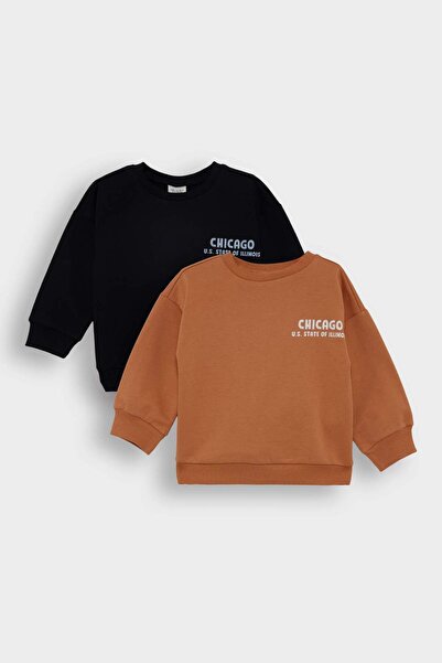 DeFacto Erkek Bebek Bisiklet Yaka Baskılı İçi Yumuşak Tüylü 2li Sweatshirt F0955A525AU
