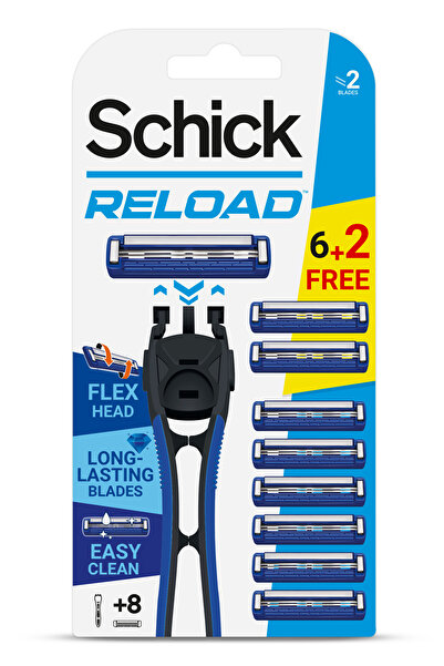 Schick ماكينة حلاقة ريلود 2 شفرة للرجال مع رأس مرن 6 + 2 خرطوشة طويلة الأمد م...
