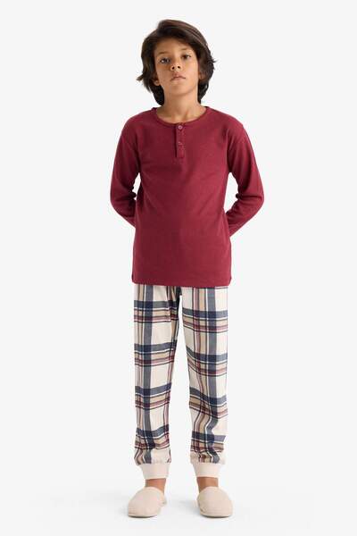 DeFacto Erkek Çocuk Pijama Takımı Waffle Uzun Kollu Üst Kareli Uzun Alt F1895A825AU