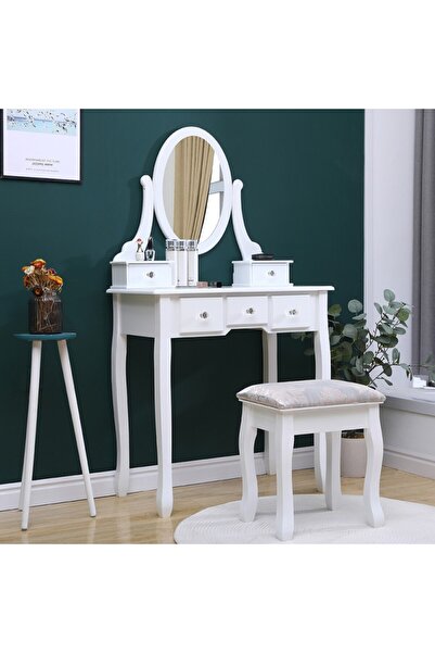 PROCART Dressing table set 140x80x40 cm, mirror and chair included, 5 drawers