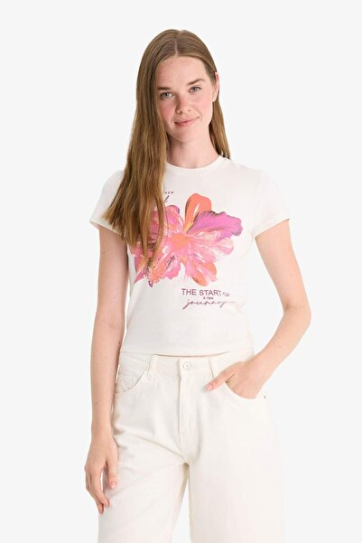 DeFacto Fitted Crew Neck Printed Ribbed Short Sleeve T-Shirt F9238Ax25Hs