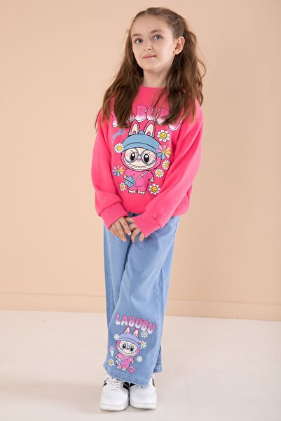 Cansın Mini Fuchsia Cute Character Printed Jeans Pants Girl's 2-Piece Set 22751