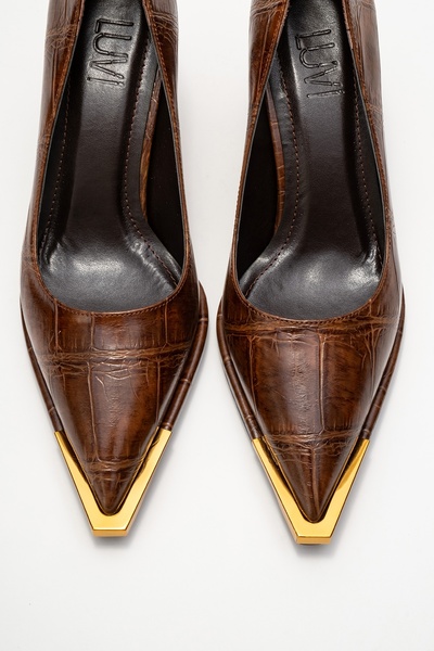 LuviShoes LIORA Кафяви дамски обувки с детайли в златно и блок ток