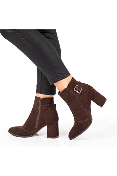 Modlet.ro Women's dark brown suede leather ankle boots with heel and zipper M...