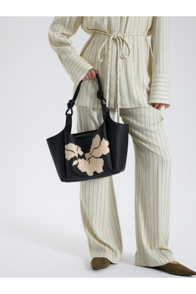 BAQA Black Leather Bag with Floral Motif