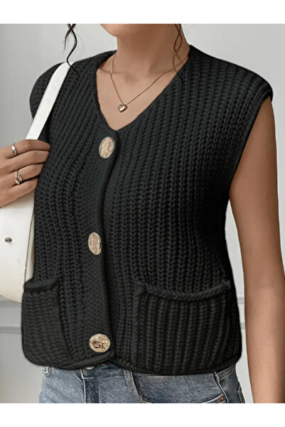 MOONBULL Women's Stylish V-Neck 3 Gold Button Tone Pocket Sleeveless Vest