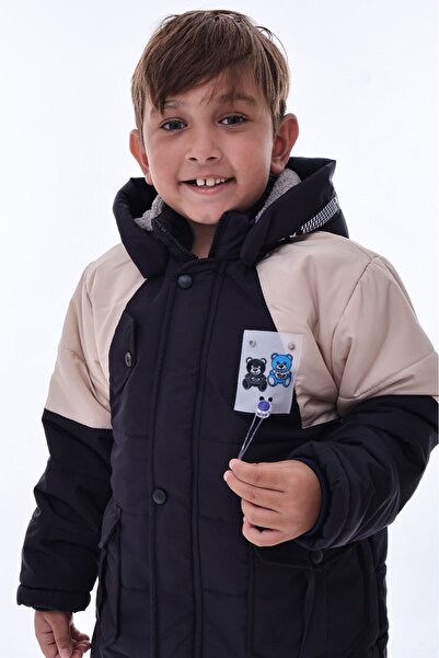 ÖFİ Kids Bear Boy's Coat with Zipper and Snap Buttons