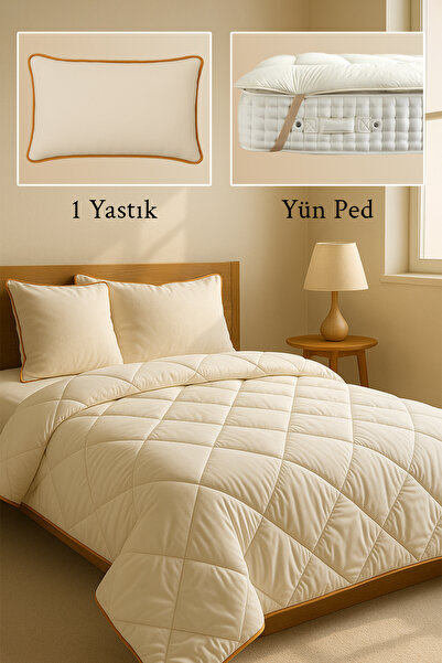BEYAZLALE Tek Kişilik 3 Parça %100 Doğal Yün Uyku Seti | Yorgan + Ped + 1 Adet Yastık Çeyiz Seti