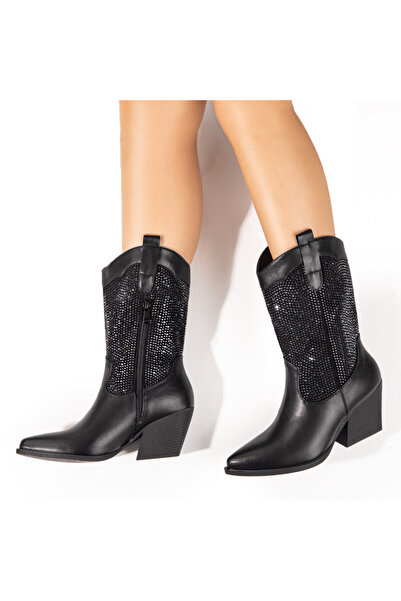 BMoD Ghete cowboy negre pentru femei cu pietre aplicate MOD10508