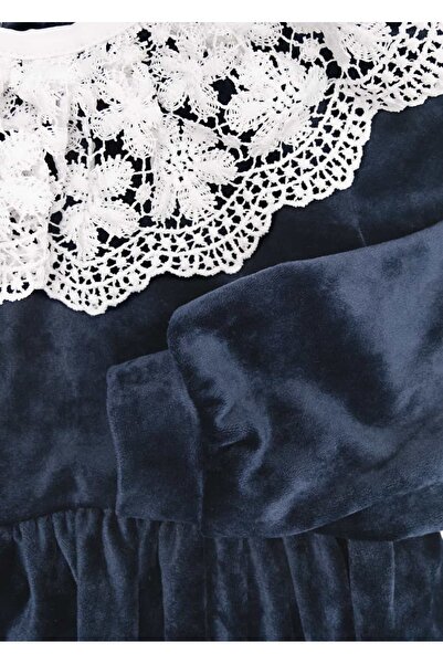 Ozmoz By Mukadder Özden Lace Collar Soft Navy Blue Velvet Little Girl's Dress
