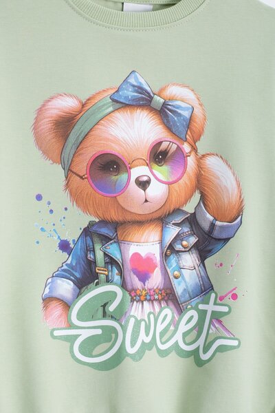 Cansın Mini Σετ αθλητική φόρμα για κορίτσια με ελαστική μέση με στάμπα πράσινο αρκουδάκι 22755