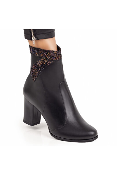 Modlet.ro Ghete de damă din piele neagră cu toc bloc și imprimeu multicolor M...