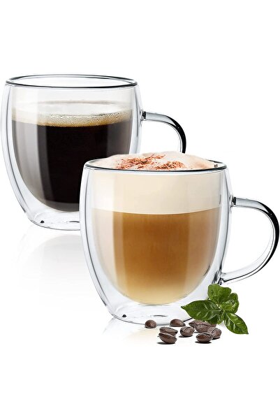 MARKQ أكواب قهوة زجاجية بمقابض سعة 250 مل، أكواب مزدوجة الجدار للاتيه والكابتشينو والإسبريسو والشاي (قطعتان)