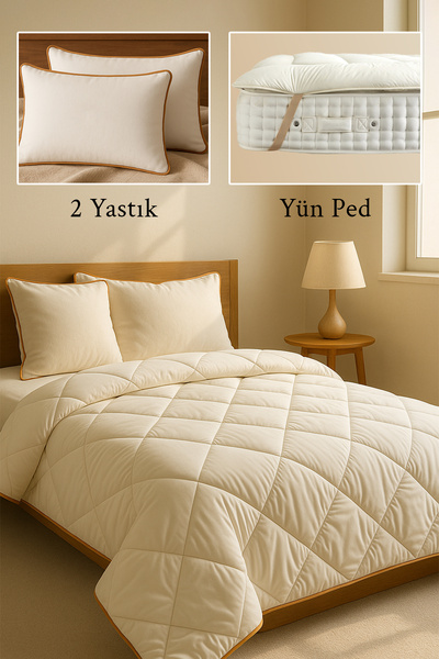 BEYAZLALE Çift Kişilik 4 Parça %100 Doğal Yün Uyku Seti | Yorgan + Ped + 2 Adet Yastık Çeyiz Seti
