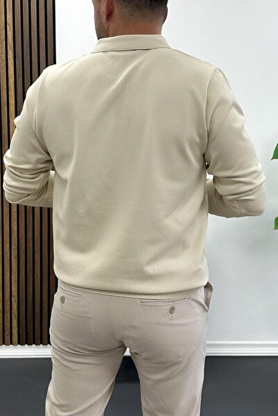 Edwox Ανδρικό πουλόβερ με μισό φερμουάρ με μονόχρωμο γιακά πόλο κρέμα Edw424