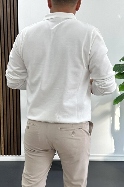 Edwox Men's Half Zipper Plain Pattern Polo Neck Sweater White Edw424