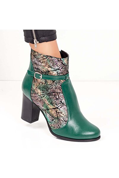 Modlet.ro Ghete damă din piele verde cu toc gros și fermoar, cu detalii metal...