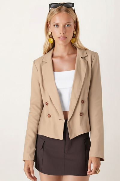 armonika Women's Cream Double Breasted Collar Gabardine Crop Jacket Arm-24Y001010