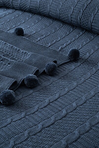 Sevim Tek Kişilik Triko Örme Battaniye - Yumuşak Dokulu & Şık Yatak Örtüsü-Örgü Battaniye -İndigo