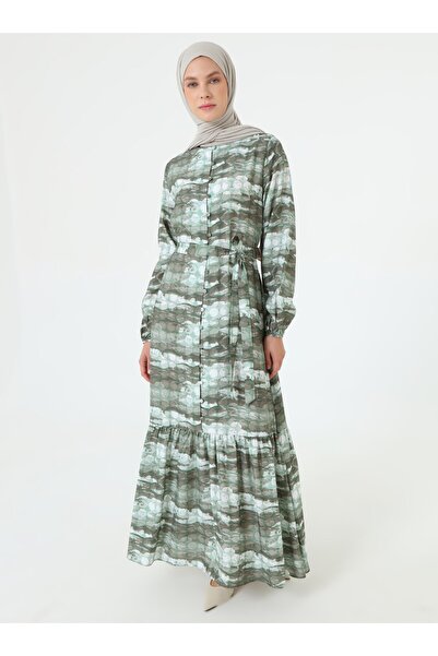 Refka Yeşil Soyut Desenli Tesettür Elbise - Haki -