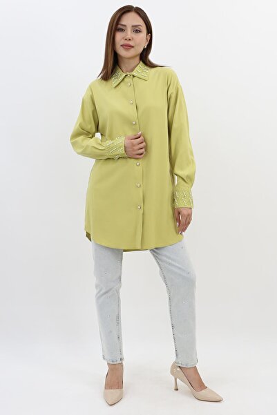 Doque Yaka Taş Detaylı Lyocell Tunik - Fıstık Yeşili