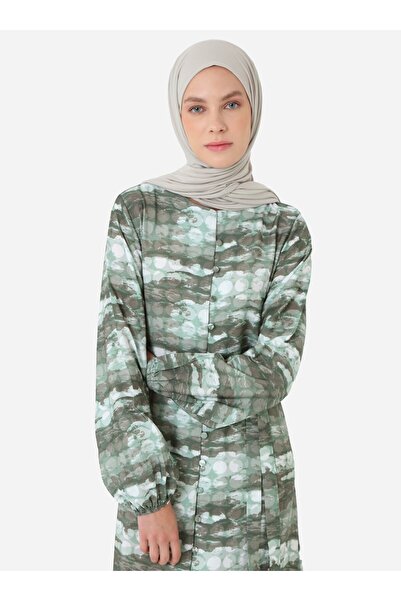 Refka Yeşil Soyut Desenli Tesettür Elbise - Haki -
