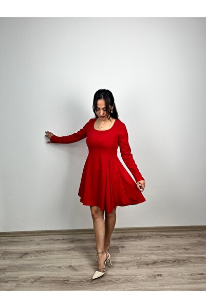 VAZIRADK Long Sleeve Square Neck Mini Crepe Dress
