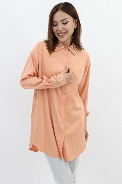 Doque Yaka Taş Detaylı Lyocell Tunik - Somon