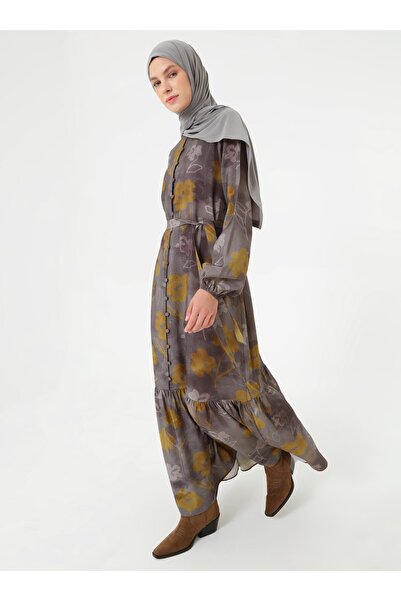 Refka Floral Patterned Brit Button Hijab Dress - Sari -