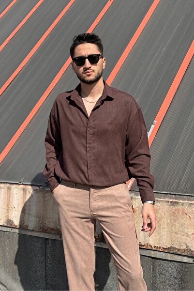 inpool Мъжка бродирана, с редовна кройка, зимно-пролетна, фино ребриста кадифена риза G16