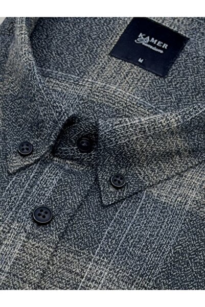 KAMER Men's Regular Fit Winter Long Sleeve Button-Up Collar Single Pocket Plaid Navy Blue Shirt 3571L