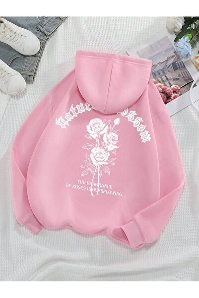 DİVİN Women's Rose Printed Sweatshirt 3-Thread Quality Fabric Oversized Cut