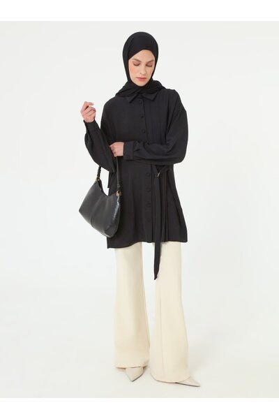 Refka Tunic with Button and Tie Detail, Shirt Collar and Placket Front - Black -