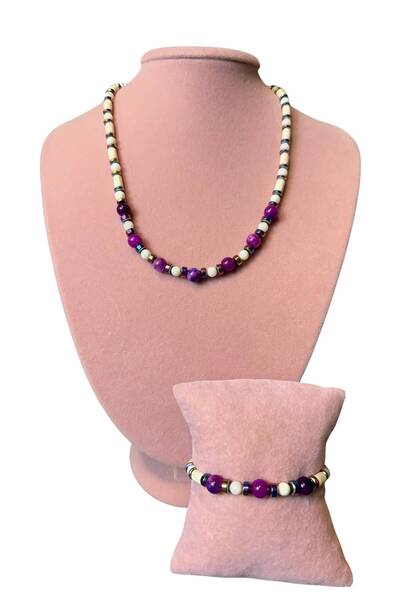 Uretti - Özlem 9422 2029 Handmade - Hematite - Purple Agate Natural Stone Necklace and Bracelet Set