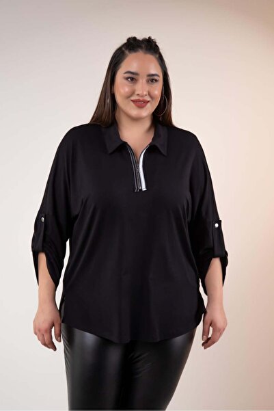 Roxxlen 1212015 Γυναικεία μπλούζα με λεπτομέρεια γιακά σε μεγάλο μέγεθος Μαύρη