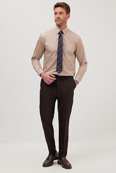 Tudors Slim Fit Bej Non-Iron %100 Pamuk Doğa Dostu Ekoteks Belgeli Ütü Gerektirmez Gömlek