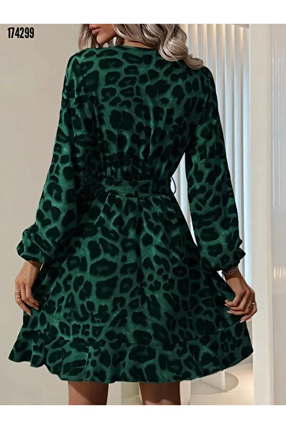 Modayakamoz Yeni Sezon Kadın Uzun Kollu Kruvaze Yaka Leopar Mini Elbise Kuşaklı Modal Kumaş
