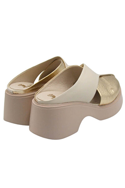 Venüs %100 Deri Platform Topuklu Terlik Altın & Bej
