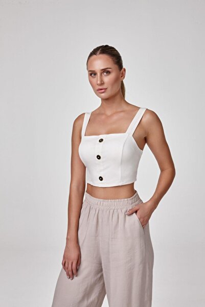 relactive Women's Ecru Button Detailed Thick Strap Crop Blouse C7T2N5O2