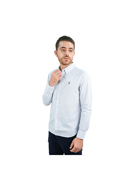 Giordano قميص أكسفورد قطني للرجال - تطريز أسد صغير، قصة ضيقة، أزرار كاملة