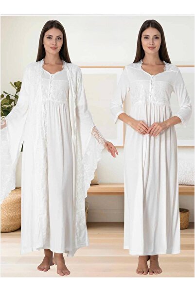 Lohusa Homewear Γυναικείο Σετ Νυχτικό Μητρότητας 2 τεμαχίων, Σχέδιο Εκρού, Πρ...