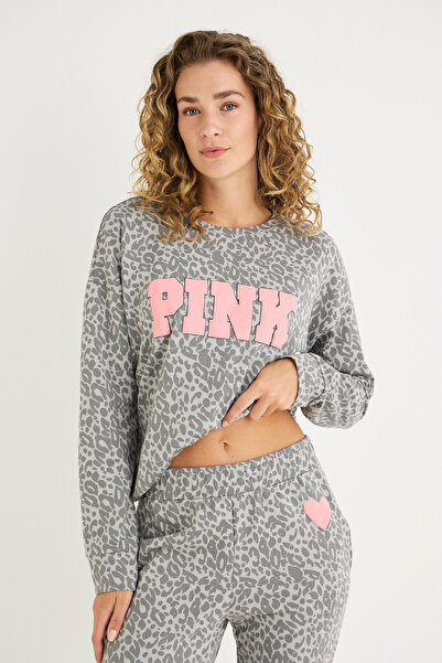 İPEKTENİM Pink Yazı Baskılı Leopar Desenli Ribanalı Pijama Takımı