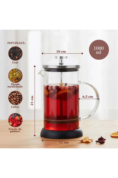 Köken Aparat francez de cafea și ceai cu piston, infuzor, 1L, 3 filtre, sticlă, inox, -20 până la 130 ℃, fără BPA