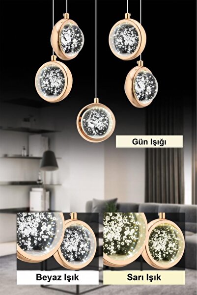 İstanbul Avize Dünya 5'li Gold Lüx Modern Kumandalı 3 Renk Ledli Avize