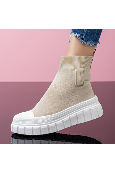 Modlet.ro Γυναικεία ανοιχτόχρωμα μπεζ αθλητικά μποτάκια με χοντρή σόλα MOD07849