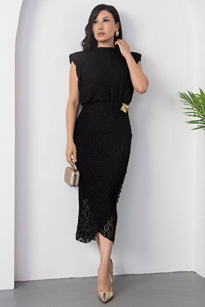 PULLIMM Dik Yaka Omuz Vatkalı Tokalı Dantel Elbise NY3022