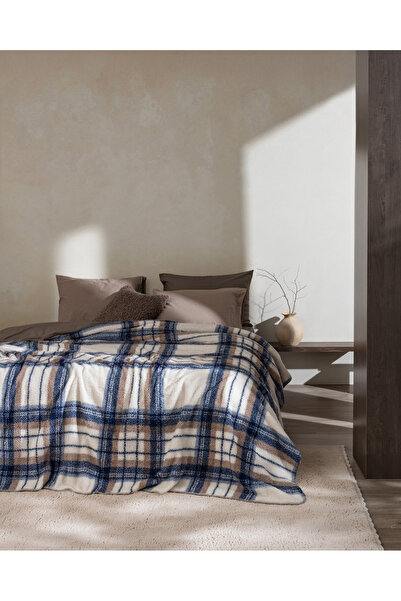 Madame Coco Varnelle Tek Kişilik Sherpa Battaniye - Ekru/İndigo