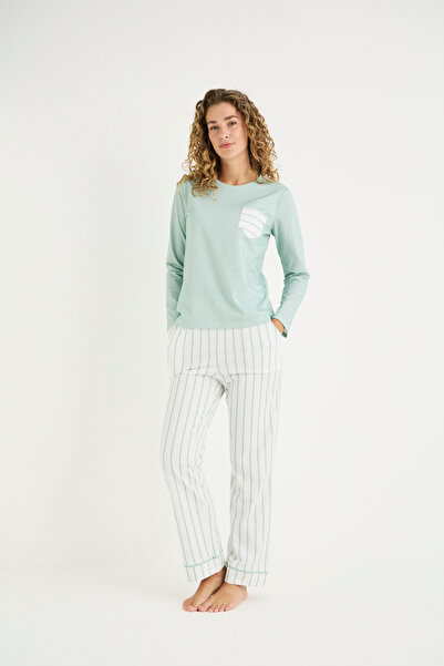 İPEKTENİM Cep Detaylı Biyeli Çizgili Pijama Takımı