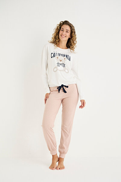 İPEKTENİM Yazı Ve Sevimli Ayıcık Baskılı Ribanalı Pijama Takımı